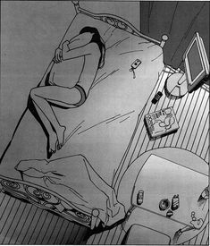 a black and white drawing of a person sleeping on a bed