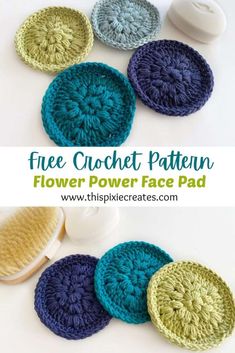 four crochet coasters with the text, free crochet pattern flower power face pad