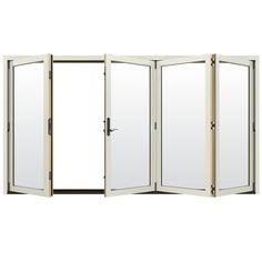 an open white room divider with mirrors on the sides and doors to each side