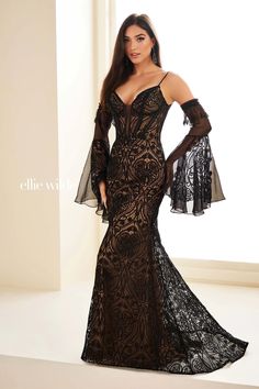 EW36030 Black/Nude 10 Spring 2025 Ellie Wilde Prom Dresses, Lace Prom Gown, Long Mermaid Dress, Reception Gown, Long Bell Sleeves, Ellie Wilde, Spring 2025, Prom Dress Stores, Back Wedding Dress