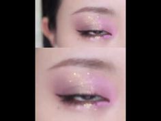 two pictures of the same woman's eyes with glitter on them, one is purple and