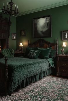 a bedroom with green walls and furniture in the corner, including a bed that has a green bedspread on it