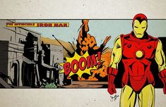 an iron man standing in front of a comic strip with the words boom written on it