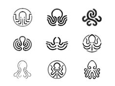 six different logos with an octopus and other animals in the middle one is black and white