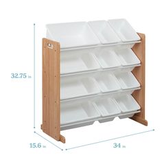 a wooden shelf with white dishes on it and the measurements for each section in front