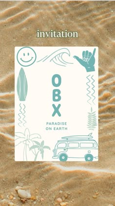 an image of a card with the words o & x on it in sand and palm trees