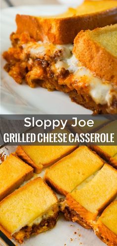 sloppy joe grilled cheese casserole is cut in half on a white plate