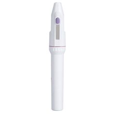 an electric toothbrush is shown on a white background and has a purple light at the top