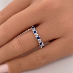 Sapphire Baguette Diamond Band Sterling Silver Wedding Band - Etsy Bosnia and Herzegovina Blue Baguette Cut Wedding Jewelry, Blue Baguette Cut Jewelry For Anniversary, Baguette Diamond Band, Baguette Wedding Band, Sapphire And Diamond Band, Silver Wedding Band, Sapphire Wedding Rings, Cute Engagement Rings, Sapphire Wedding Band