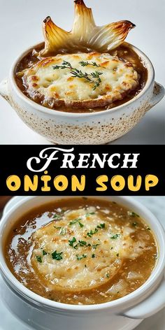 french onion soup in a white bowl with the title above it