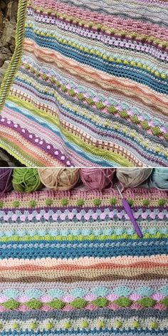 a crocheted blanket sitting on top of a pile of yarn