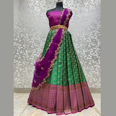 Green Pattu Lehenga Half Saree, Banaras Half Saree Designs, Purple Indian Outfit, Lehenga Designs Latest, Pattu Lehenga, Lehenga Green, Silk Half Saree, Purple Lehenga