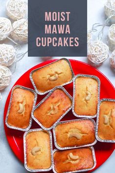 several muffins on a red plate with the words, most mawa cupcakes