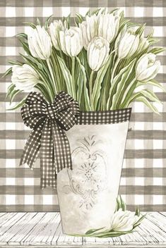 a painting of white flowers in a vase with a bow on the front and plaid background