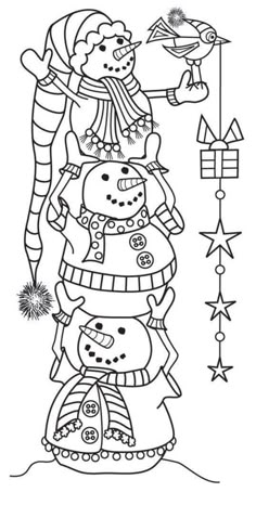 a black and white drawing of three snowmen on top of each other, one is holding