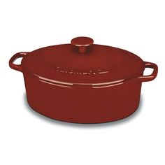 a red casserole is shown on a white background