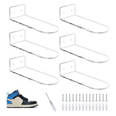 PRICES MAY VARY. High-quality material: This wall-mounted shoe rack is made of transparent acrylic material, which is suitable to better display your shoes, exquisite and beautiful workmanship, not easy to break, deform, thickened shoe rack, sturdy and reliable. Floating Design: This wall-mounted acrylic shoe rack has a smooth surface and a rounded edge design, which can better protect your shoes and the wall from scratches, the floating shoe rack is beautiful and easy to clean, small holes The Shoe Display Shelves, Floating Shoe Display, Floating Shoe Rack, Acrylic Floating Shelves, Sneaker Displays, Wall Mounted Shoe Rack, Hanging Shoe Rack, Hanging Shoes, Shoe Storage Rack