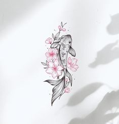 a drawing of a koi fish with pink flowers