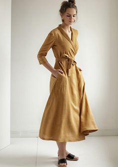 Mustard linen wrap dress Marlena 3 Linen Wrap Dress Pattern, Natural Linen Dress, Wrap Dress Pattern, Linen Wrap Dress, Minimalist Dress, Dresses By Pattern, Dress With Shawl, Long Linen Dress, Dress For Summer