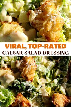 a close up of food with the words virtual top - rated caesar salad dressing