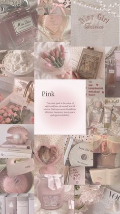 pink collage with many different items in it