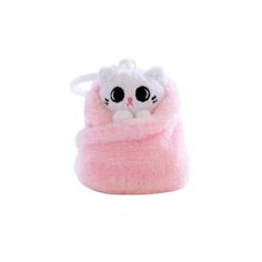 a stuffed animal with big eyes in a pink bag on a white background and it's head sticking out of the pocket