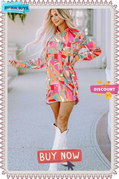 Multicolor Geometric Abstract Print Long Sleeve Shirt Dress Trendy Multicolor Fall Dresses, Trendy Multicolor Dresses For Fall, Spring Multicolor Abstract Print Mini Dress, Multicolor Button-up Fall Dress, Vibrant Long Sleeve Mini Dress, Fall Season Multicolor Collared Dress, Geometric Pattern Mini Dress For Spring, Trendy Collared Shirt Dress, Trendy Long Sleeve Shirt Dress For Spring