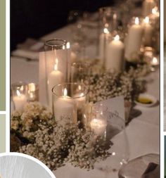 the table is set with candles, flowers and other decorations for a wedding or special event