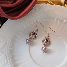 ◆ Materials: 14k Gold Electroplated - more durable than regular platings Sterling Silver Earring Hooks - Hypoallergenic Cubic Zirconia Freshwater Pearls Synthetic Amethyst Elegant Purple Gold-plated Jewelry, Elegant Purple Hypoallergenic Earrings, Elegant Hypoallergenic Purple Crystal Earrings, Baroque Earrings, Green Item, Earring Hooks, Silver Earring, Jewelry Pouch, Artisan Jewelry