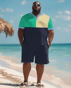 Plus Size L-9XL Hawaiian Shirt Shorts Set is a stylish outfit for summer. It consists of a Hawaiian-style short-sleeve shirt and comfortable shorts for men looking for on-trend and casual styles. This set is characterized by its loose fit and comfortable fabric. It's made from lightweight cotton fabric that's extremely breathable and sweat-wicking to keep you cool and comfortable on hot days. The design of the shirt is inspired by the traditions and scenery of Hawaii, with bright colors and uniq Cotton Shorts With Contrast Color For Summer, Summer Cotton Shorts With Contrast Color, Casual Summer Shorts With Contrast Color, Black Shorts With Contrast Color For Summer, Black Summer Shorts With Contrast Color, Casual Green Color Block Shorts, Green Color Block Casual Shorts, Green Casual Color Block Shorts, Outfit For Summer