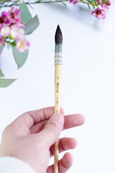 a person holding a brush with flowers in the background