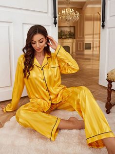 Women's Contrast Color Trim Collared Front Button Striped Pajama Set Yellow Elegant  Long Sleeve Satin Plain Pant Sets Non-Stretch All,Fall/Winter Women Sleep & Lounge, size features are:Bust: ,Length: ,Sleeve Length: Long Sleeve Loungewear Sets With Button Closure, Long Sleeve Buttoned Sleepwear For Pajama Party, Yellow Long Sleeve Sets For Pajama Party, Long Sleeve Pajama Set With Buttons, Long Sleeve Pajama Party Set With Buttons, Striped Pajama Set, Yellow Pajamas, Striped Pajama, Plain Pants