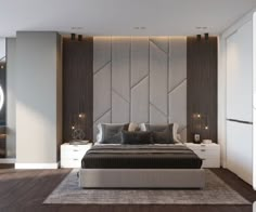 a bedroom with a bed, dressers and mirror in the corner on the wall