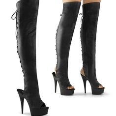 Pleaser Shoes Del3019/B/Pu Black Faux Leather 6" ( 6 Inch / 15.2cm ) Stiletto Heel, 1 3/4" (4.5cm) Platform Open Toe/Heel Lace-Up Back Over-The-Knee Boot, Full Length Inner Side Zip Closure. - Free Shipping - Brand New In The Box - Perfect For Cosplay Outfits, Sexy Heels And Boots, Pole Dance High Heels, Drag, Burlesque And More - Also Available In White Faux Leather #Nwt #Goth #Dollskill #Unisex #Summer Black Dancers, Alternative Shoes, Pleaser Heels, Festival Shoes, Punk Boots, Pleaser Shoes, Thigh High Boots Heels, Gogo Boots, Cosplay Shoes