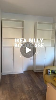 an empty living room with white bookcases and wood flooring in the foreground