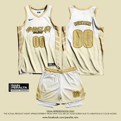 a basketball uniform with the number 00 on it is shown in white and gold colors