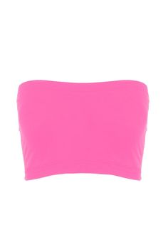 Pink Stretch Crop Tube Top, Pink Fitted Bandeau Tank Top, Trendy Solid Color Crop Tube Top, Trendy Pink Crop Top Tube Top, Pink Stretch Seamless Tube Top, Trendy Pink Bandeau Crop Top, Trendy Seamless Bandeau Tube Top, Trendy Pink Strapless Top, Pink Seamless Strapless Tube Top