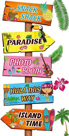 a wooden sign with many different colored signs on it's side and palm trees in the background