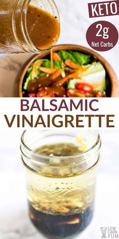 balsamic vinaigrette in a mason jar next to a bowl of salad