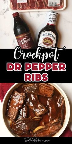 crockpot dr pepper ribs in a white bowl with sauce and seasoning on the side