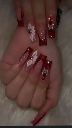 Charro Quince, Quince Nails, Quinceanera Nails, Red And Gold Nails, Dresses Lavender, Dresses Quince, Red Acrylic Nails, Girly Acrylic Nails, Long Square Acrylic Nails