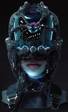 a woman wearing a futuristic helmet with lights on her face