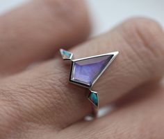 Modern Sterling Silver Opal Ring For Wedding, Modern Opal Wedding Ring, Kite Engagement Ring, Engagement Ring Alternative, Alternative Ring, Moonstone Engagement Ring Set, Delicate Engagement Ring, Pepper Diamond Engagement Ring, Salt And Pepper Diamond Ring