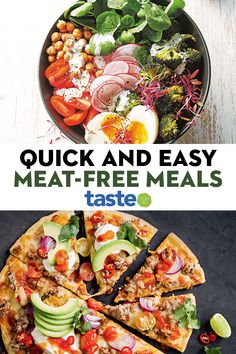 two pictures with different types of food and the words, quick and easy meat - free meals