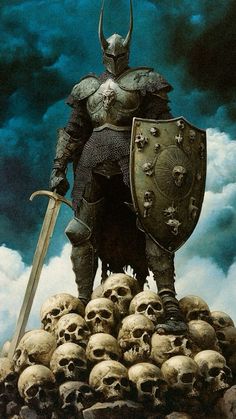 a painting of a knight standing on top of a pile of skulls