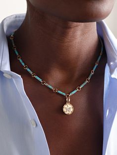 Rooted in symbolism, Foundrae's heirloom-inspired jewelry is meant to feel like part of the wearer. This 16-inch necklace is comprised of turquoise centered with a diamond-encrusted 'Reverie' medallion - it features a butterfly representing the inextinguishable soul, a roman numeral X for manifestation and a spade believed to be the energy catalyst. Gold Necklace Stack, Simplicity Fashion, Necklace Stack, 16 Inch Necklace, Flat Dress Shoes, Turquoise And Gold, Dress Flats, Exclusive Dress, Raffia Bag