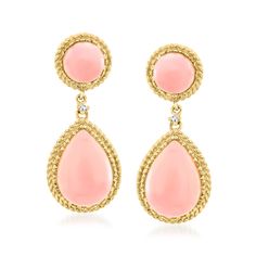 Ross-Simons - Pink Opal Drop Earrings with Diamond Accents in 14kt Yellow Gold. Classically feminine with an elegant drop design, these 6.5mm round and 13x9mm pear-shaped pink opal earrings are a dream. Finely crafted in sunny 14kt yellow gold with sparkling diamond accents for a subtle hint of glamour. Hanging length is 1". Post/clutch, pink opal drop earrings. Opal birthstones are the perfect gift for October birthdays. October Birthdays, Pink Opal Earrings, Clutch Pink, Opal Drop Earrings, Opal Birthstone, Earrings Opal, Drop Design, Opal Color, Sparkling Diamond