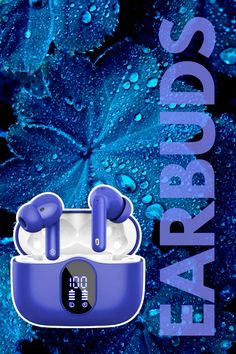 the ear buds are blue and have water droplets on them, as well as green leaves