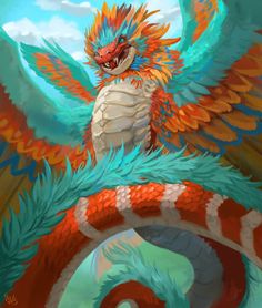 a painting of a dragon with orange and blue wings