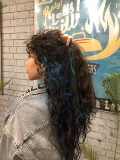 Blue Hair Color Curly, Brown And Blue Curly Hair, Dyed Curly Hair Ideas Colour Blue, Peel A Boo Hair Color, Blue Highlights In Brown Hair Curly, Curly Hair Peekaboo, Blue Highlights Curly Hair, Peekaboo Hair Curly, Curly Peekaboo Hair